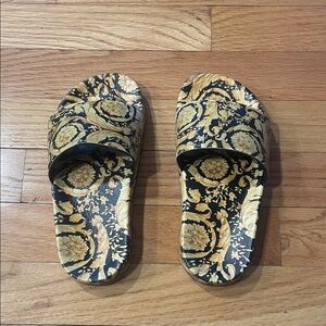 Versace Black and Gold Baroque Kids Slide Sandals